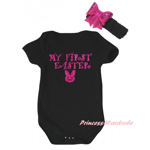 Easter Black Baby Jumpsuit & Sparkle Hot Pink My First Easter Bunny Painting & Black Headband Hot Pink Bow TH895
