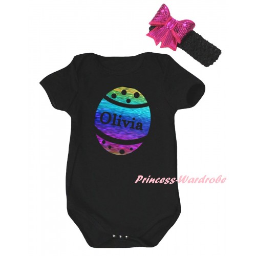 Easter Black Baby Jumpsuit & Sparkle Rainbow Olivia Easter Egg Painting & Black Headband Hot Pink Bow TH896