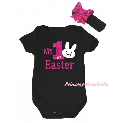 Easter Black Baby Jumpsuit & Sparkle Hot Pink My 1st Easter White Bunny Painting & Black Headband Hot Pink Bow TH898