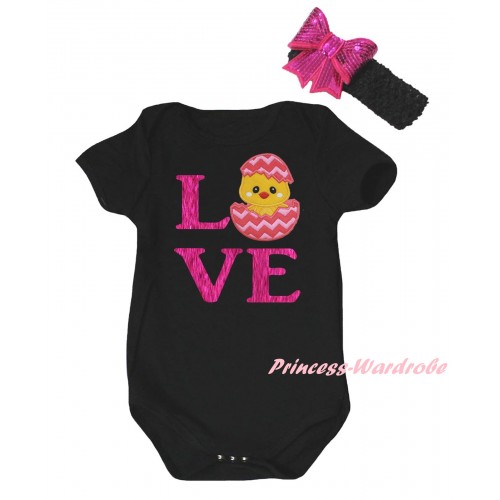Easter Black Baby Jumpsuit & Sparkle Hot Pink Love Chick Egg Print & Black Headband Hot Pink Bow TH900