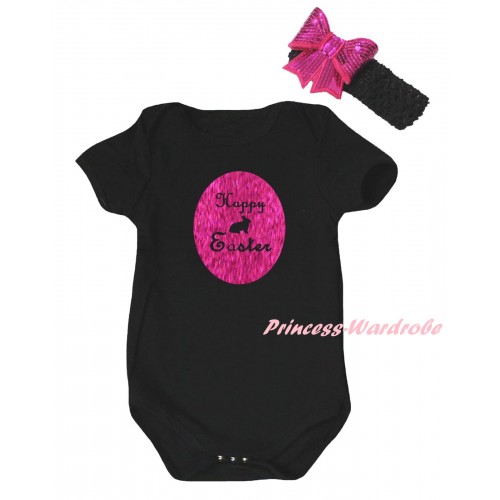 Easter Black Baby Jumpsuit & Sparkle Hot Pink Happy Easter Rabbit Painting & Black Headband Hot Pink Bow TH901