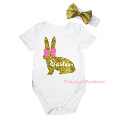 Easter White Baby Jumpsuit & Pink Bow Sparkle Gold Easter Rabbit Painting & White Headband Gold Bow TH903
