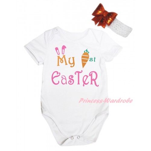 Easter White Baby Jumpsuit & My 1st Easter Painting & White Headband Orange Bow TH904