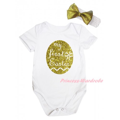 Easter White Baby Jumpsuit & Sparkle Gold My First Easter Painting & White Headband Gold Bow TH906