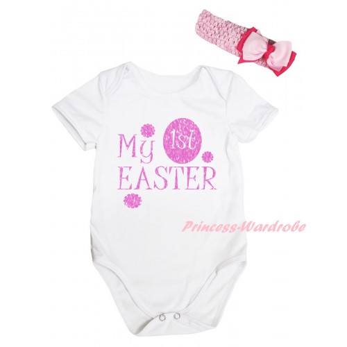 Easter White Baby Jumpsuit & Sparkle Pink My 1st Easter Painting & Pink Headband Bow TH907