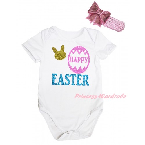 Easter White Baby Jumpsuit & Sparkle Happy Easter Painting & Pink Headband Bow TH911