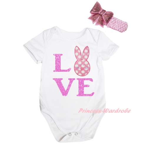 Easter White Baby Jumpsuit & Sparkle Pink Love Polka Dots Bunny Print & Pink Headband Bow TH912