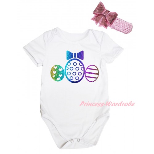 Easter White Baby Jumpsuit & Sparkle Rainbow Easter Egg Painting & Pink Headband Bow TH914