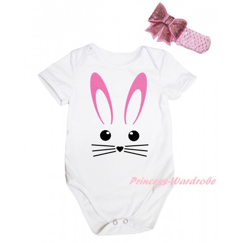 Easter White Baby Jumpsuit & Easter Bunny Face Painting & Pink Headband Bow TH915