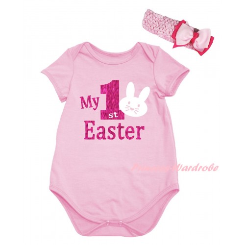 Easter Light Pink Baby Jumpsuit & Sparkle Hot Pink My 1st Easter White Bunny Painting & Light Pink Headband Bow TH917