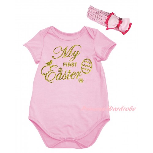 Easter Light Pink Baby Jumpsuit & Sparkle Gold My First Easter Painting & Light Pink Headband Bow TH919
