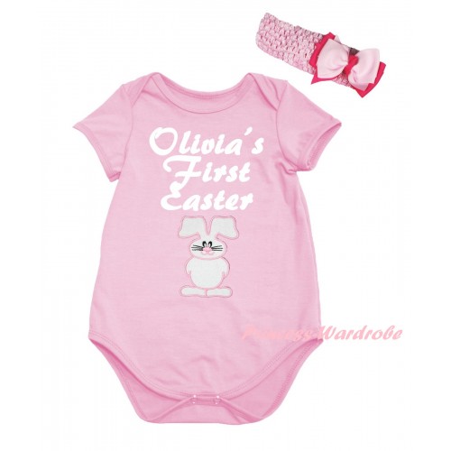 Easter Light Pink Baby Jumpsuit & White Olivia's First Easter White Bunny Print & Light Pink Headband Bow TH920