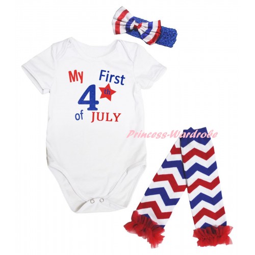 American's Birthday White Baby Jumpsuit & My First 4th Of July Painting & Blue Headband Bow & Red Ruffles Red White Blue Wave Leg Warmer Set TH925