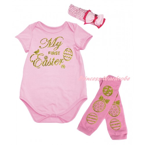Easter Light Pink Baby Jumpsuit & Sparkle Gold My First Easter Painting & Light Pink Headband Bow & Light Pink Gold Easter Eggs Leg Warmer Set TH936