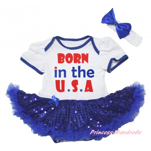 American's Birthday White Baby Bodysuit Jumpsuit Bling Royal Blue Sequins Pettiskirt & Born In The U.S.A Painting JS6571
