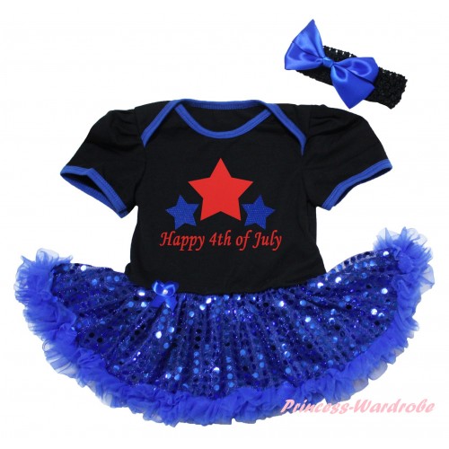 American's Birthday Black Baby Bodysuit Jumpsuit Bling Royal Blue Sequins Pettiskirt & Happy 4th Of July Painting JS6572