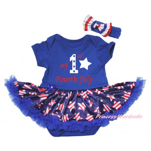 American's Birthday Blue Baby Bodysuit Jumpsuit White Dots Patriotic American Star Pettiskirt & My 1st Fourth July Painting JS6574