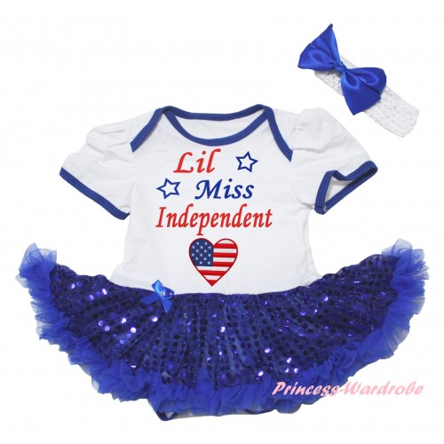 American's Birthday White Baby Bodysuit Jumpsuit Bling Royal Blue Sequins Pettiskirt & Patriotic American Heart Lil Miss Independent Painting JS6576