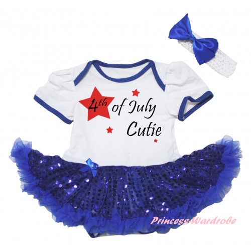 American's Birthday White Baby Bodysuit Jumpsuit Bling Royal Blue Sequins Pettiskirt & 4th of July Cutie Painting JS6578