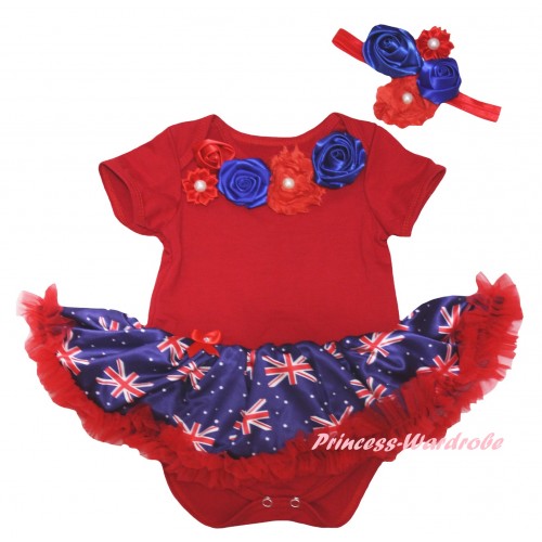 American's Birthday Red Baby Bodysuit Jumpsuit Red Patriotic British Pettiskirt & Red Royal Blue Vintage Garden Rosettes Lacing JS6584