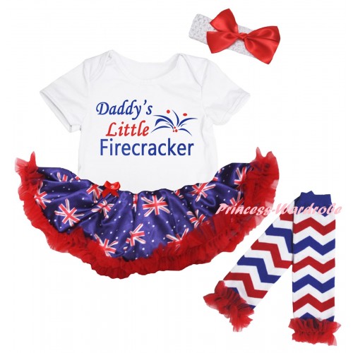 American's Birthday White Baby Bodysuit Jumpsuit Red Patriotic British Pettiskirt & Daddy's Little Firecracker Painting & Warmers Leggings JS6601