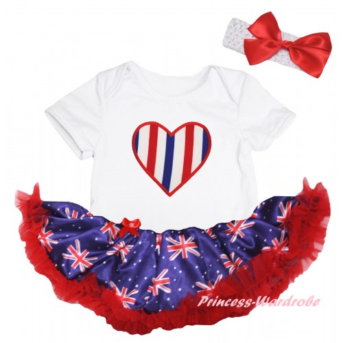 American's Birthday White Baby Bodysuit Jumpsuit Red Patriotic British Pettiskirt & Red White Blue Striped Heart Print JS6603
