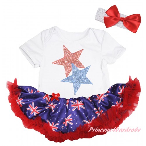 American's Birthday White Baby Bodysuit Jumpsuit Red Patriotic British Pettiskirt & Sparkle Crystal Bling Rhinestone Red Blue Twin Star Print JS6604