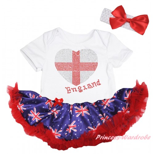 American's Birthday White Baby Bodysuit Jumpsuit Red Patriotic British Pettiskirt & Sparkle Crystal Bling Rhinestone England Heart Print JS6605