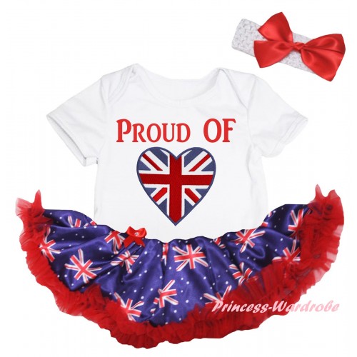 American's Birthday White Baby Bodysuit Jumpsuit Red Patriotic British Pettiskirt & PROUD OF British Heart Painting JS6606