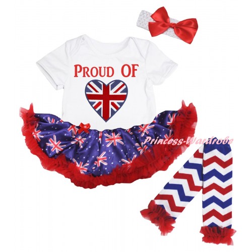 American's Birthday White Baby Bodysuit Jumpsuit Red Patriotic British Pettiskirt & PROUD OF British Heart Painting & Warmers Leggings JS6607