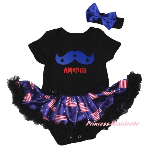 American's Birthday Black Baby Bodysuit Jumpsuit Black Patriotic American Pettiskirt & Blue Moustache With Red America Painting JS6618