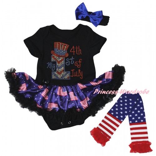 American's Birthday Black Baby Bodysuit Jumpsuit Black Patriotic American Pettiskirt & Sparkle Rhinestone My 1st American 4th Of July Print & Warmers Leggings JS6622