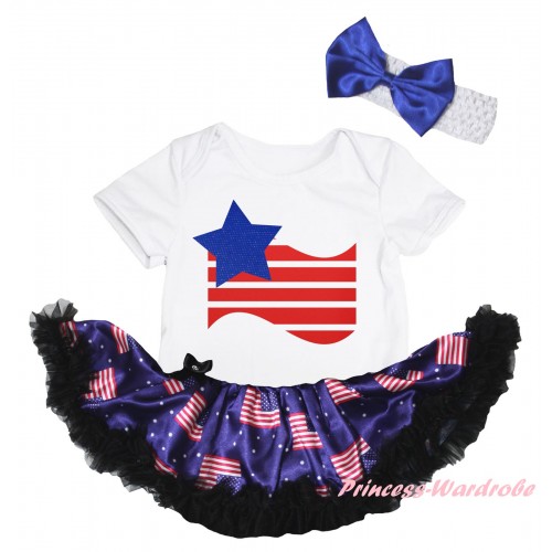 American's Birthday White Baby Bodysuit Jumpsuit Black Patriotic American Pettiskirt & American Flag Painting JS6625