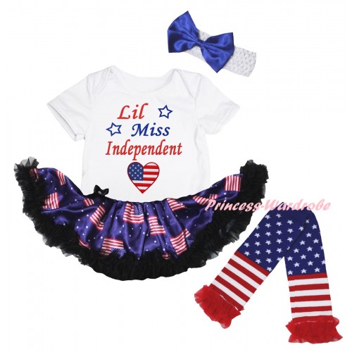 American's Birthday White Baby Bodysuit Jumpsuit Black Patriotic American Pettiskirt & Patriotic American Heart Lil Miss Independent Painting & Warmers Leggings JS6627