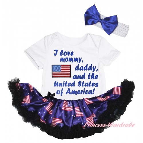 American's Birthday White Baby Bodysuit Jumpsuit Black Patriotic American Pettiskirt & Patriotic America Flag I Love Mommy, Daddy, And The United States of America! Painting JS6628
