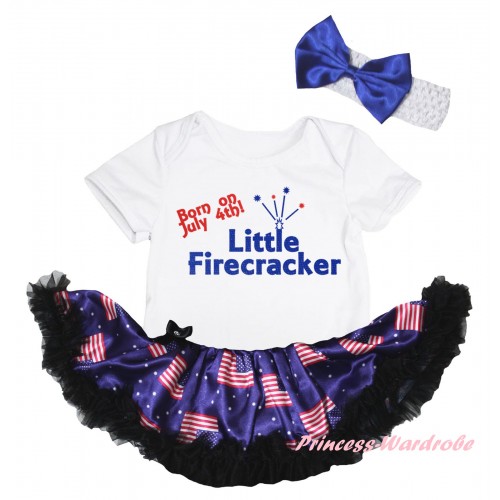 American's Birthday White Baby Bodysuit Jumpsuit Black Patriotic American Pettiskirt & Born On July 4th Little Firecracker Painting JS6630