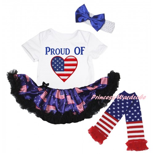 American's Birthday White Baby Bodysuit Jumpsuit Black Patriotic American Pettiskirt & PROUD OF American Heart Painting & Warmers Leggings JS6635