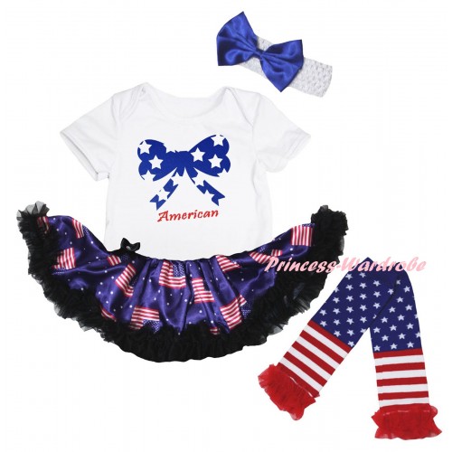 American's Birthday White Baby Bodysuit Jumpsuit Black Patriotic American Pettiskirt & Blue White Star Bow American Painting & Warmers Leggings JS6637