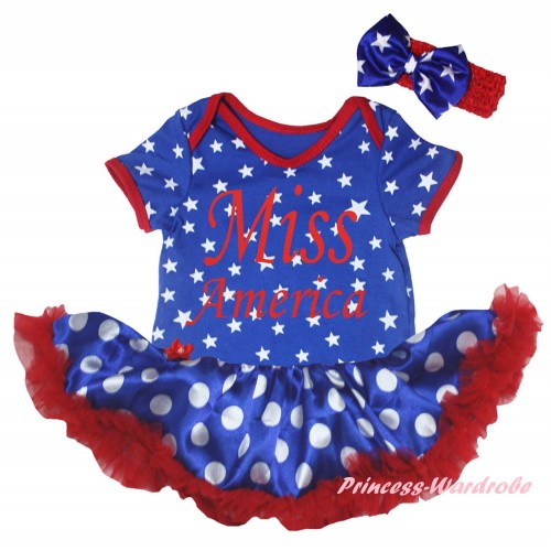 American's Birthday Royal Blue White Star Baby Bodysuit Jumpsuit Royal Blue White Dots Pettiskirt & Red Miss America Painting JS6639