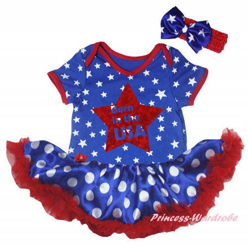 American's Birthday Royal Blue White Star Baby Bodysuit Jumpsuit Royal Blue White Dots Pettiskirt & Born In The USA Painting JS6640