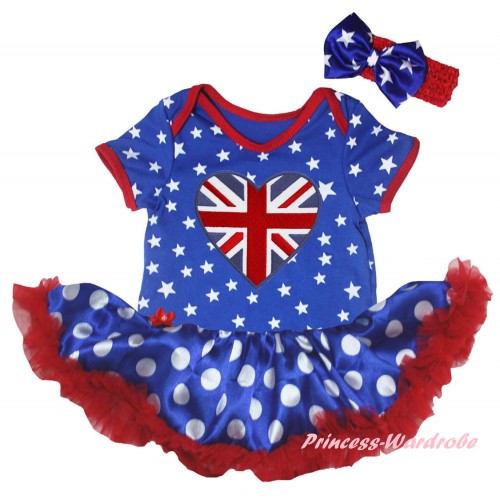 American's Birthday Royal Blue White Star Baby Bodysuit Jumpsuit Royal Blue White Dots Pettiskirt & Patriotic British Heart Print JS6641