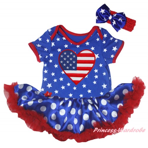 American's Birthday Royal Blue White Star Baby Bodysuit Jumpsuit Royal Blue White Dots Pettiskirt & Patriotic American Heart Print JS6642