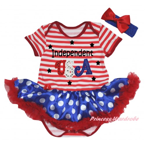 American's Birthday Red White Striped Baby Bodysuit Jumpsuit Royal Blue White Dots Pettiskirt & Independent USA Print JS6647