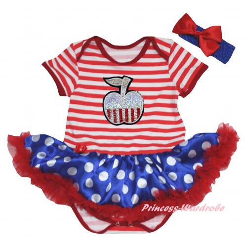 American's Birthday Red White Striped Baby Bodysuit Jumpsuit Royal Blue White Dots Pettiskirt & Patriotic Apple Print JS6650