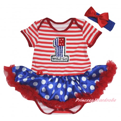 American's Birthday Red White Striped Baby Bodysuit Jumpsuit Royal Blue White Dots Pettiskirt & 1st American Flag Birthday Number Print JS6651