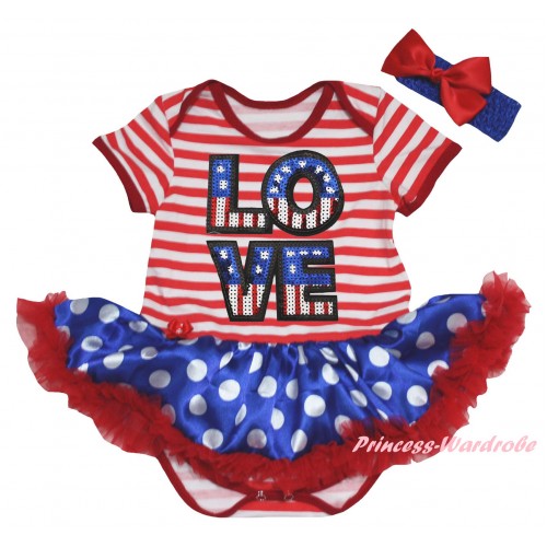 American's Birthday Red White Striped Baby Bodysuit Jumpsuit Royal Blue White Dots Pettiskirt & Sparkle American LOVE Print JS6652