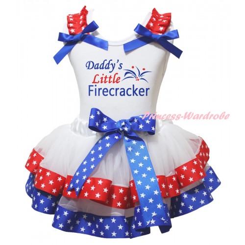 American's Birthday White Pettitop Red White Star Ruffles Royal Blue Bow & Daddy's Little Firecracker Painting & Royal Blue Red White Star Trimmed Pettiskirt MG2979