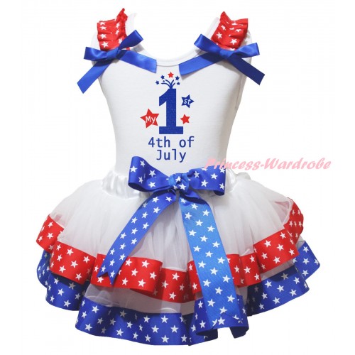 American's Birthday White Pettitop Red White Star Ruffles Royal Blue Bow & My 1st 4th Of July Painting & Royal Blue Red White Star Trimmed Pettiskirt MG2982