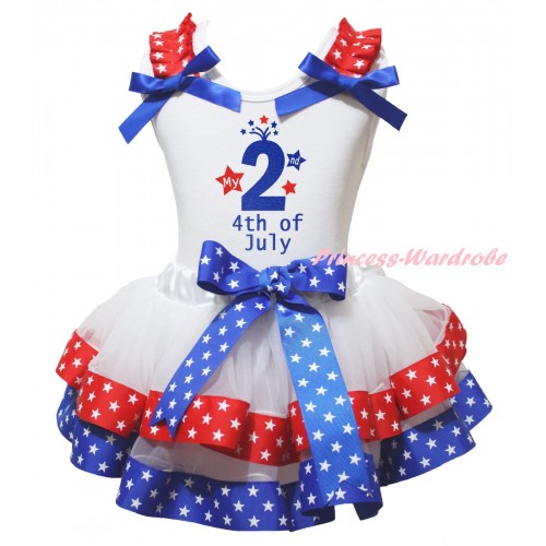 American's Birthday White Pettitop Red White Star Ruffles Royal Blue Bow & My 2nd 4th Of July Painting & Royal Blue Red White Star Trimmed Pettiskirt MG2983