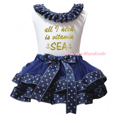 American's Birthday White Pettitop Dark Blue Anchor Lacing & Dark Blue Anchor Trimmed Pettiskirt & Sparkle Gold All I Need Is Vitamin Sea Anchor Painting MG2990